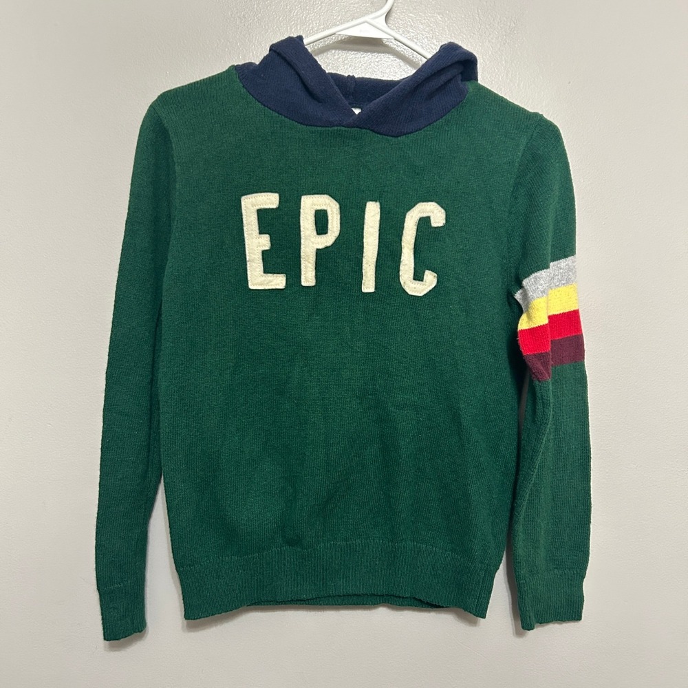 Gap Kids Knit Hoodie L 10 Green Epic Intarsia Graphic Striped Long Sleeve Retro